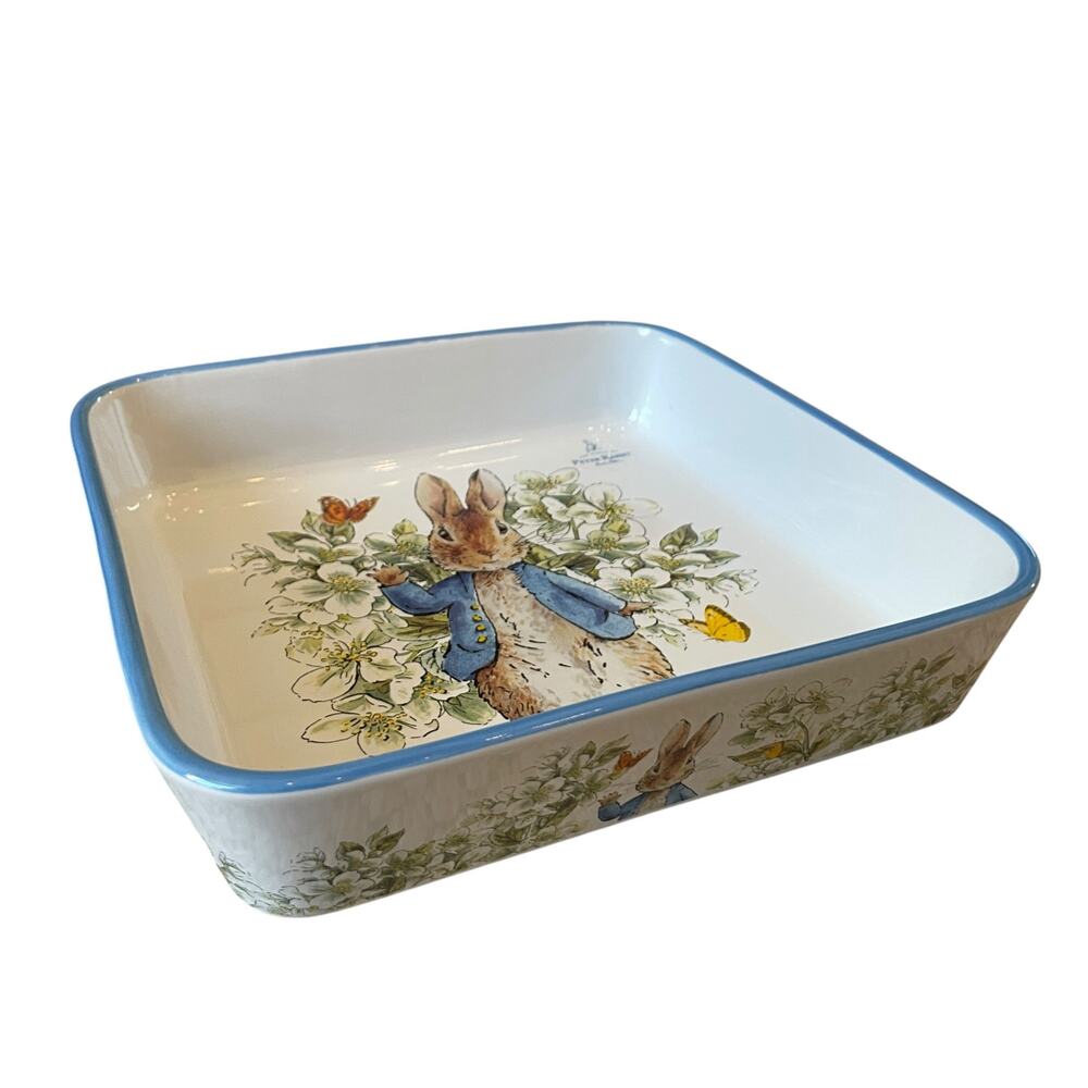 Beatrix Potter Peter Rabbit 9" Square Ceramic Baker Blue Rim Easter Bakeware NEW - Picture 7 of 13